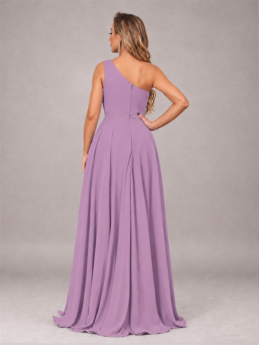 Dusty Purple Modern One Shoulder Slit Chiffon Bridesmaid Dress with Pockets