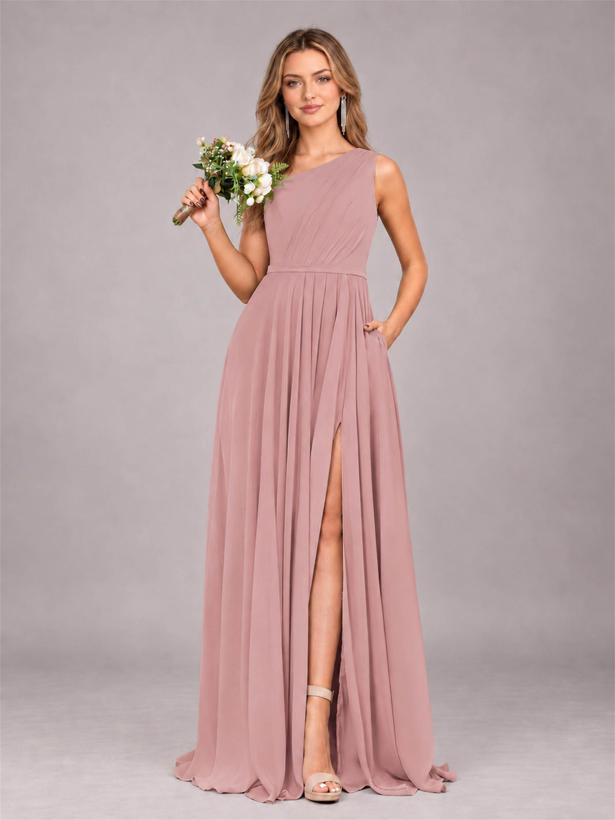 Dusty Rose Modern One Shoulder Slit Chiffon Bridesmaid Dress with Pockets