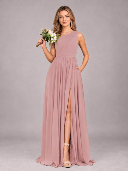 Dusty Rose Modern One Shoulder Slit Chiffon Bridesmaid Dress with Pockets