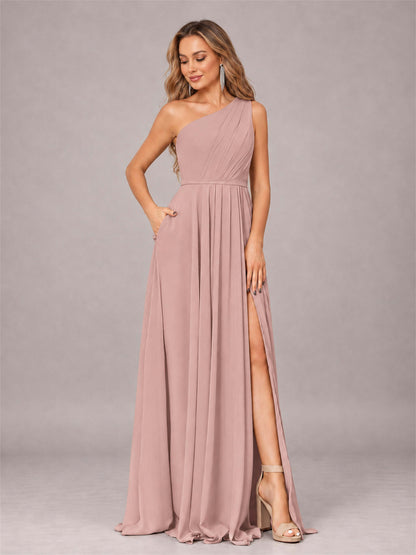 Dusty Rose Modern One Shoulder Slit Chiffon Bridesmaid Dress with Pockets