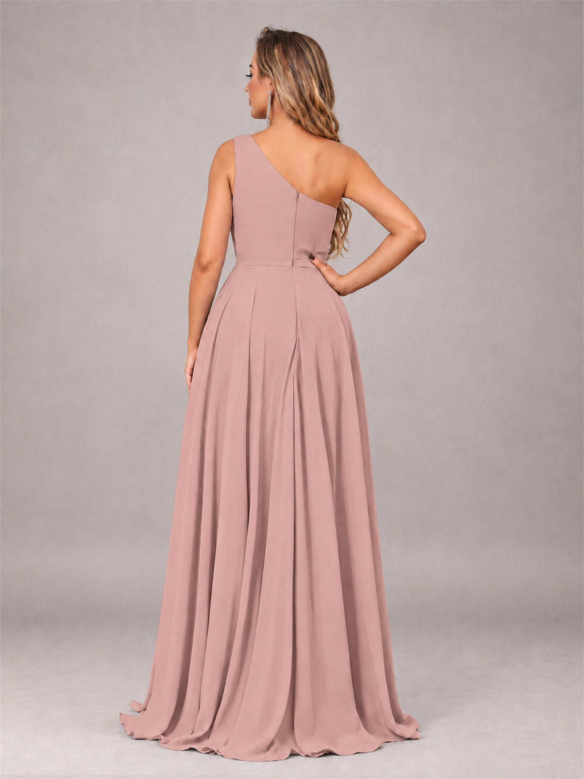 Dusty Rose Modern One Shoulder Slit Chiffon Bridesmaid Dress with Pockets
