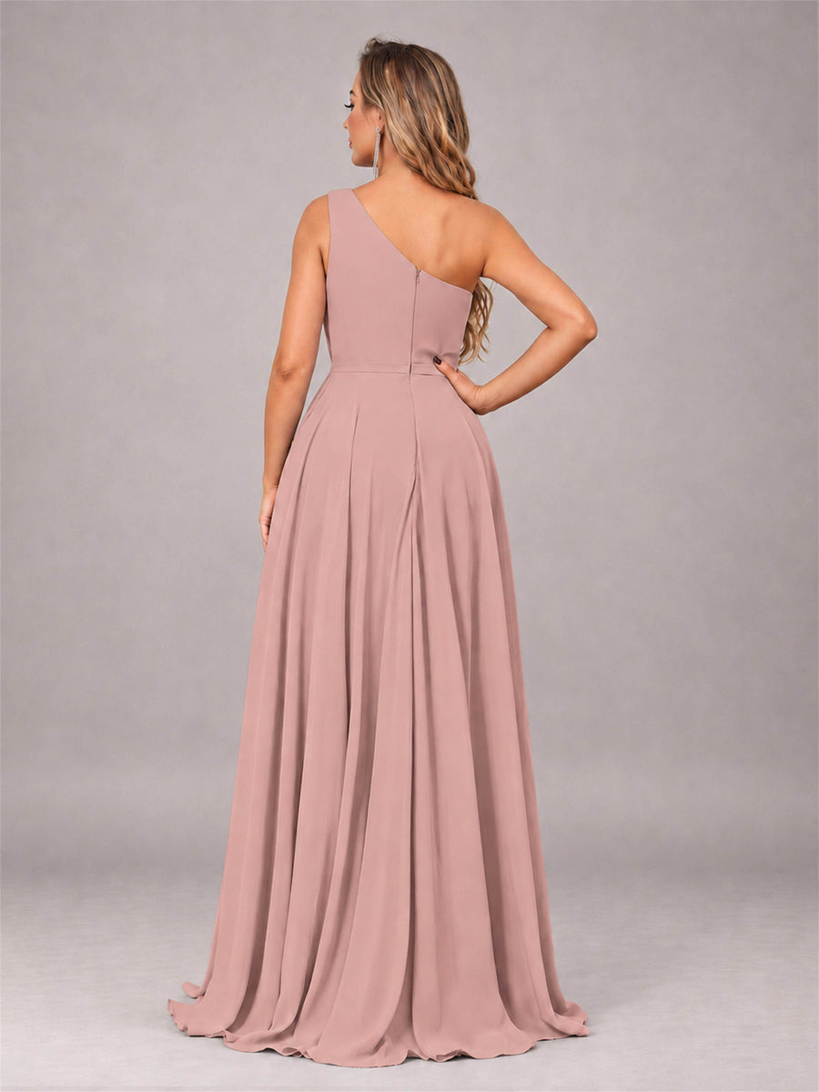 Dusty Rose Modern One Shoulder Slit Chiffon Bridesmaid Dress with Pockets