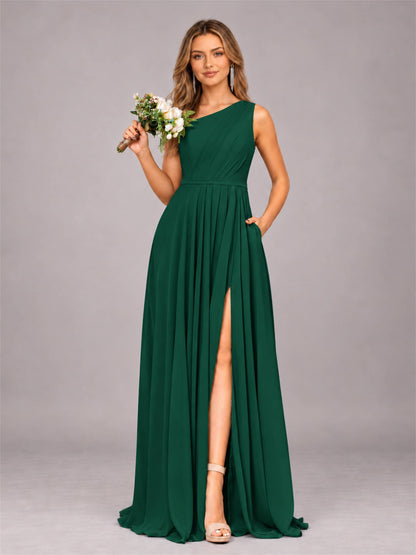 Emerald Green Modern One Shoulder Slit Chiffon Bridesmaid Dress with Pockets