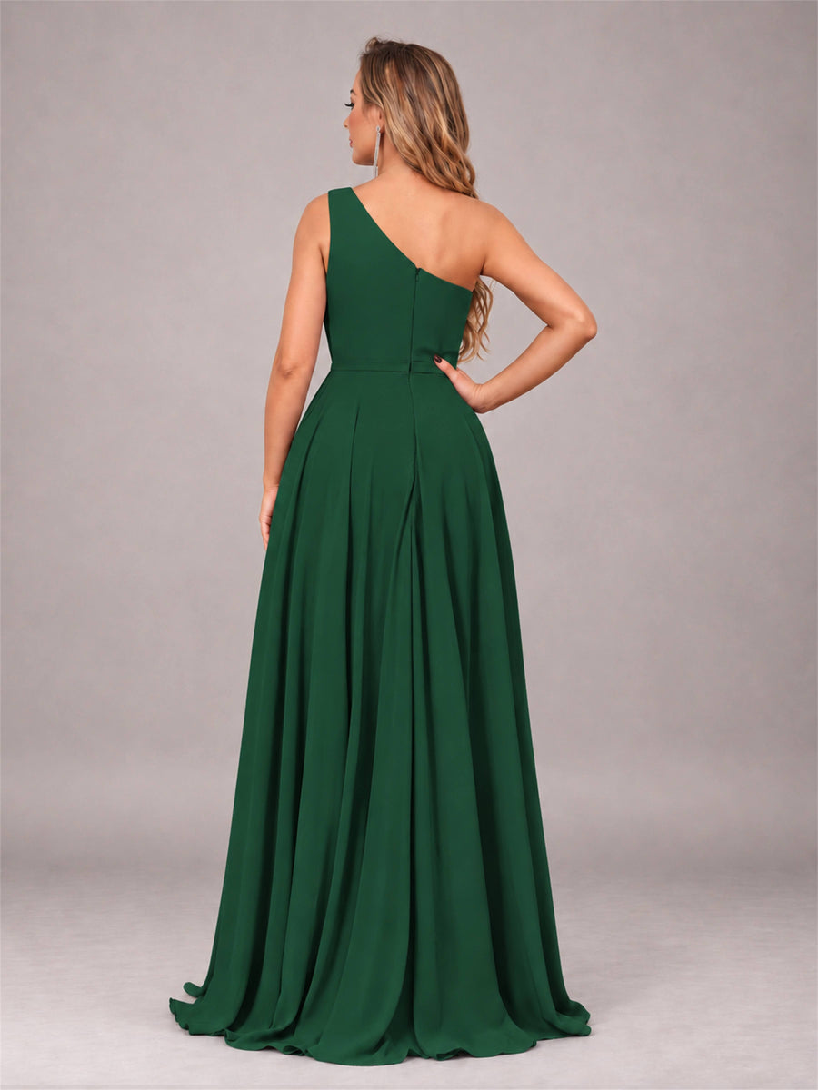 Emerald Green Modern One Shoulder Slit Chiffon Bridesmaid Dress with Pockets