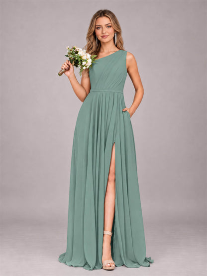 Eucalyptus Modern One Shoulder Slit Chiffon Bridesmaid Dress with Pockets