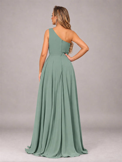 Eucalyptus Modern One Shoulder Slit Chiffon Bridesmaid Dress with Pockets