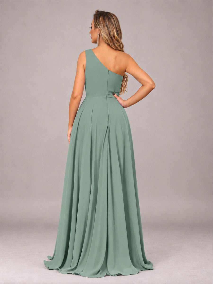 Eucalyptus Modern One Shoulder Slit Chiffon Bridesmaid Dress with Pockets