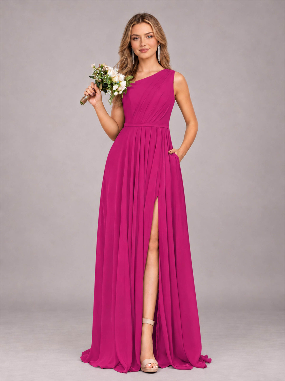 Fuchsia Modern One Shoulder Slit Chiffon Bridesmaid Dress with Pockets