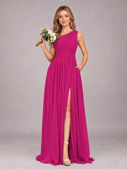 Fuchsia Modern One Shoulder Slit Chiffon Bridesmaid Dress with Pockets