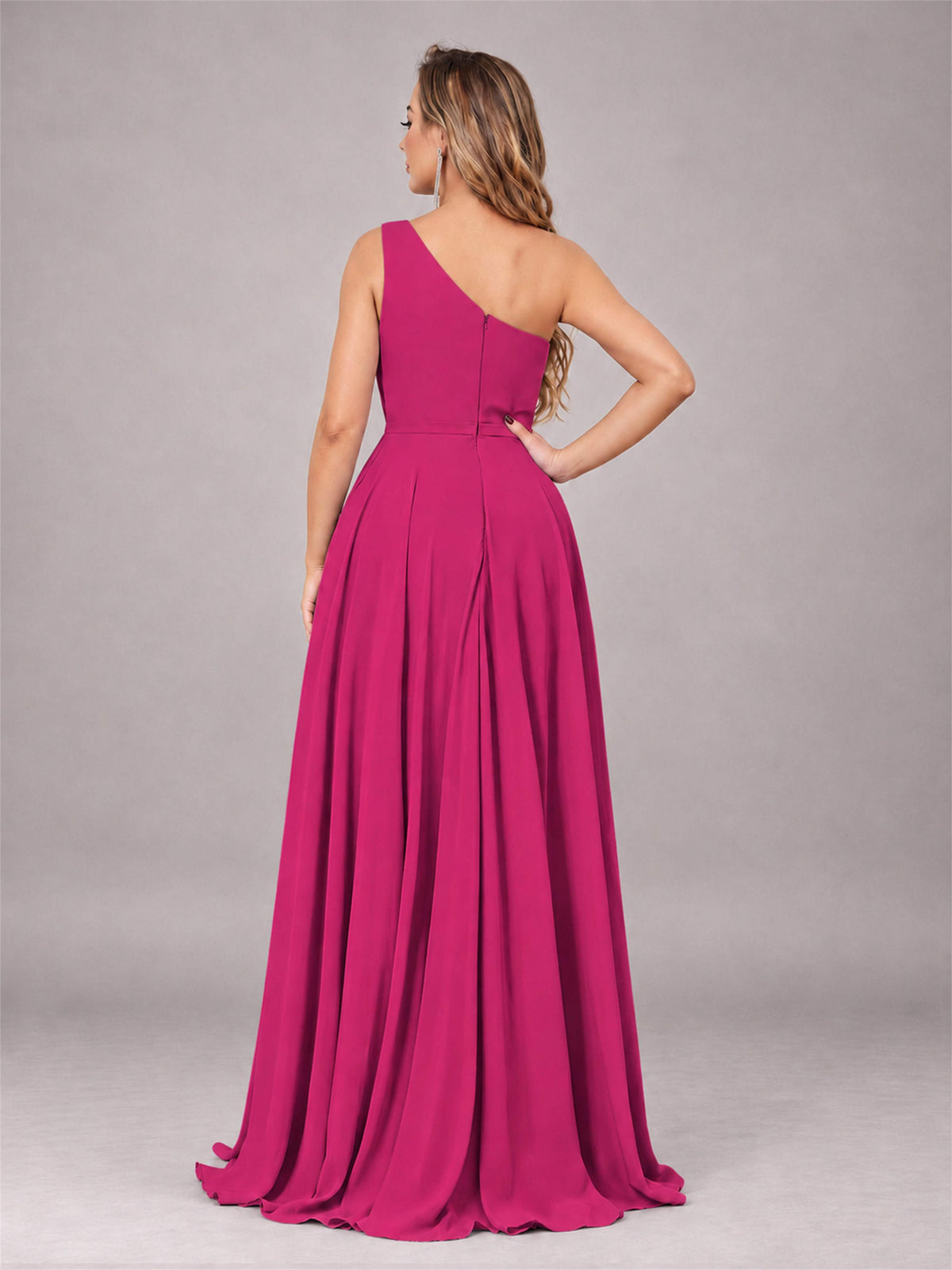 Fuchsia Modern One Shoulder Slit Chiffon Bridesmaid Dress with Pockets