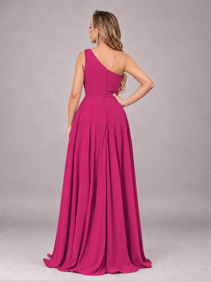 Fuchsia Modern One Shoulder Slit Chiffon Bridesmaid Dress with Pockets
