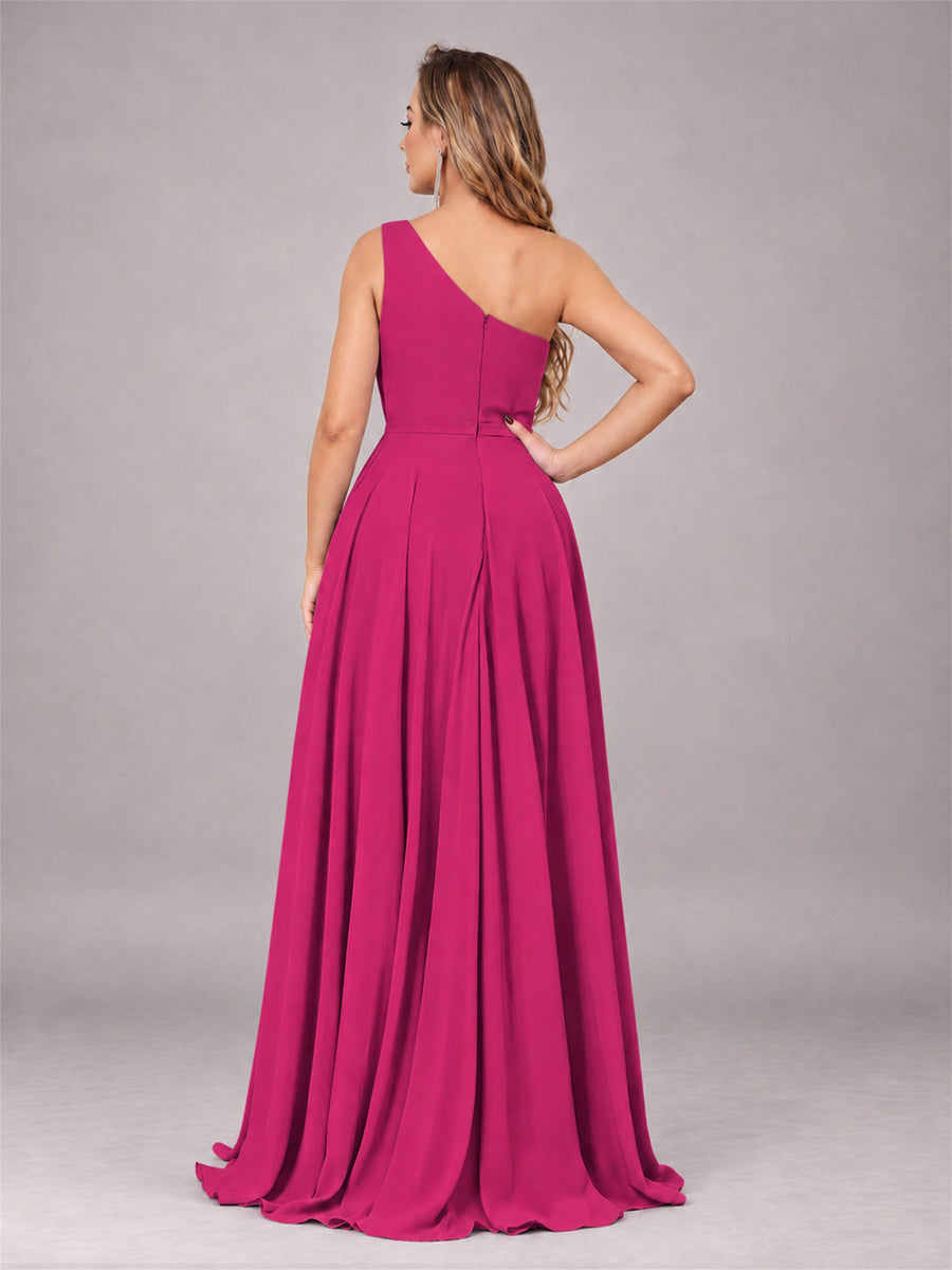 Fuchsia Modern One Shoulder Slit Chiffon Bridesmaid Dress with Pockets