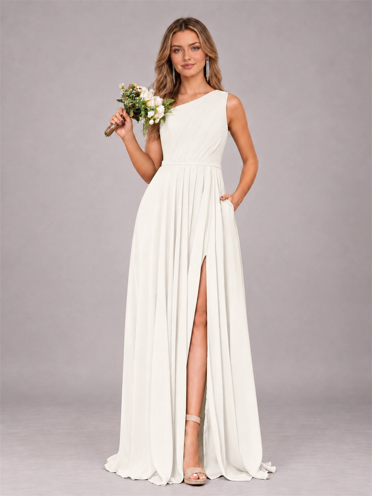 Ivory Modern One Shoulder Slit Chiffon Bridesmaid Dress with Pockets