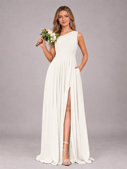Ivory Modern One Shoulder Slit Chiffon Bridesmaid Dress with Pockets