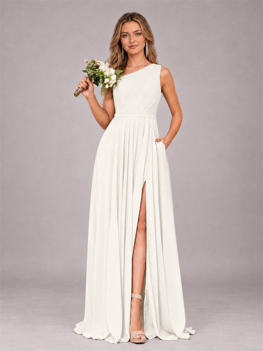 Ivory Modern One Shoulder Slit Chiffon Bridesmaid Dress with Pockets