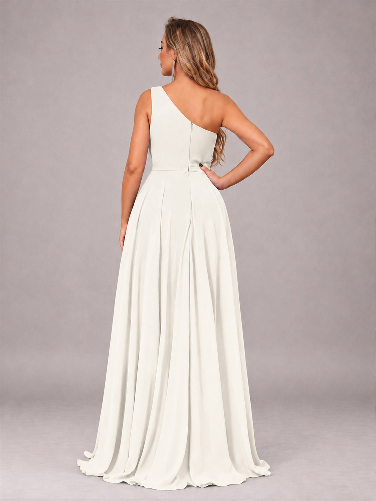 Ivory Modern One Shoulder Slit Chiffon Bridesmaid Dress with Pockets
