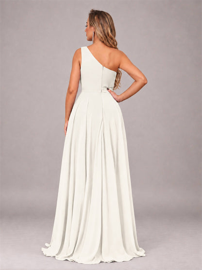Ivory Modern One Shoulder Slit Chiffon Bridesmaid Dress with Pockets