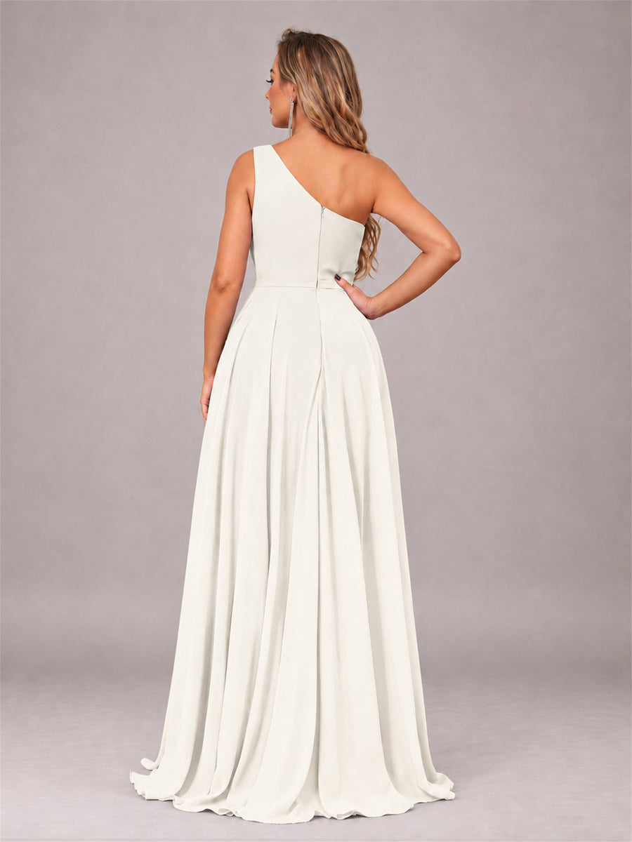 Ivory Modern One Shoulder Slit Chiffon Bridesmaid Dress with Pockets