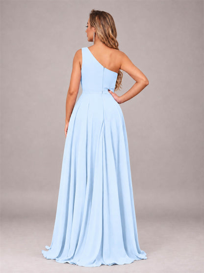 Light Blue Modern One Shoulder Slit Chiffon Bridesmaid Dress with Pockets