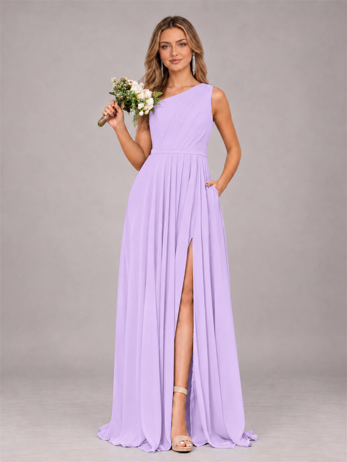 Lilac Modern One Shoulder Slit Chiffon Bridesmaid Dress with Pockets