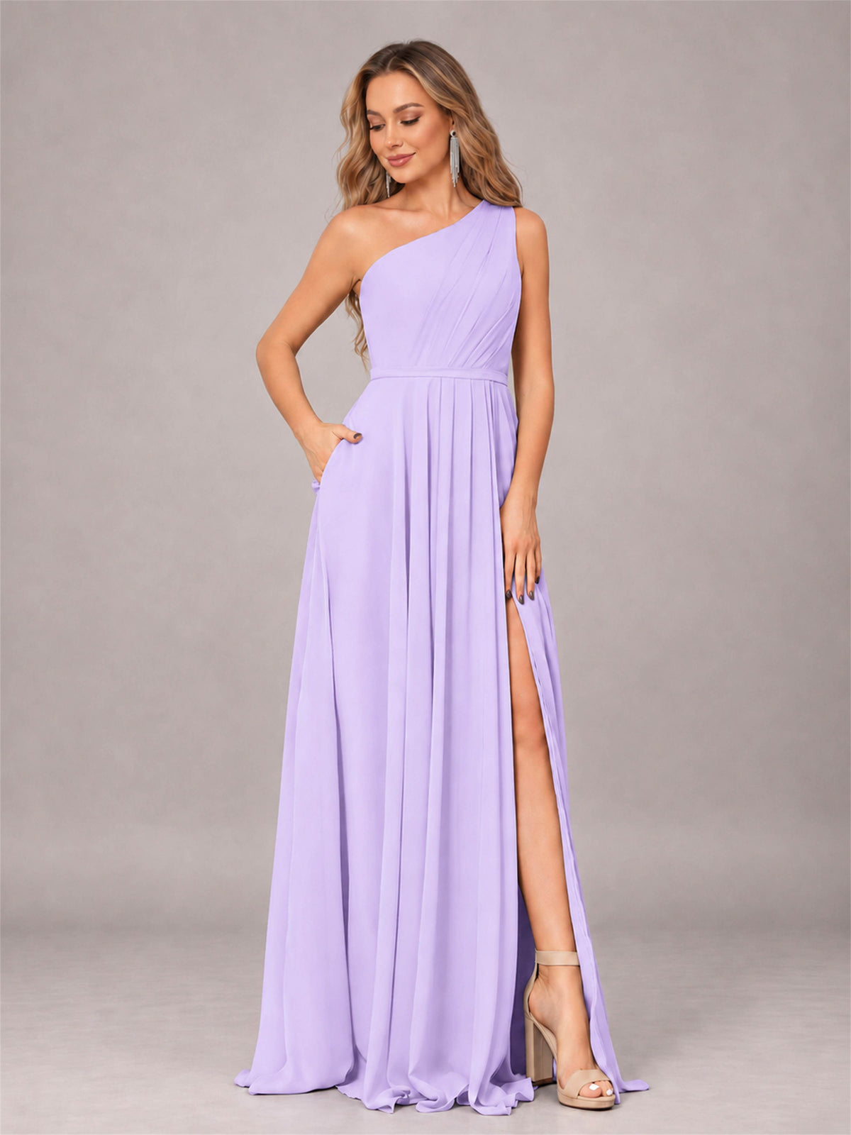 Lilac Modern One Shoulder Slit Chiffon Bridesmaid Dress with Pockets
