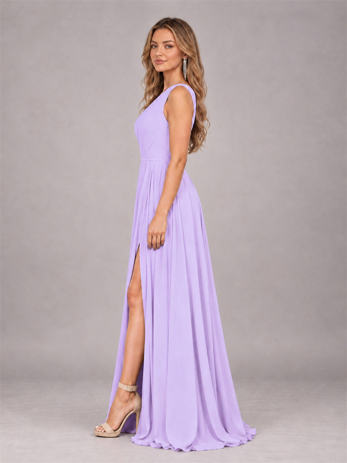 Lilac Modern One Shoulder Slit Chiffon Bridesmaid Dress with Pockets
