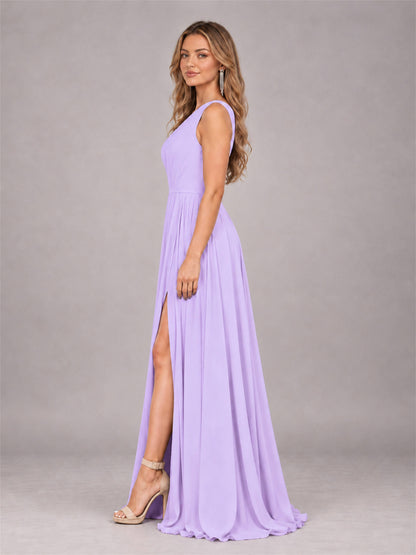 Lilac Modern One Shoulder Slit Chiffon Bridesmaid Dress with Pockets