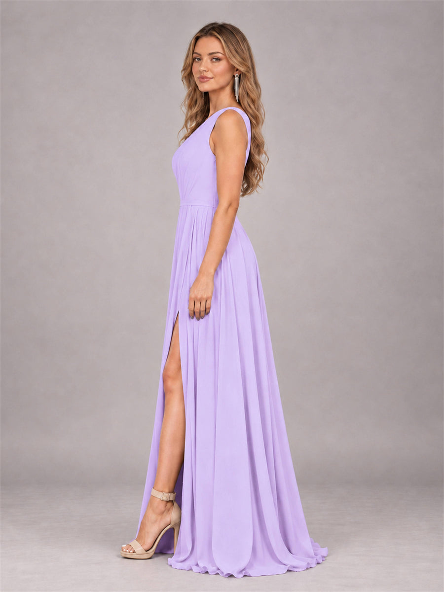 Lilac Modern One Shoulder Slit Chiffon Bridesmaid Dress with Pockets