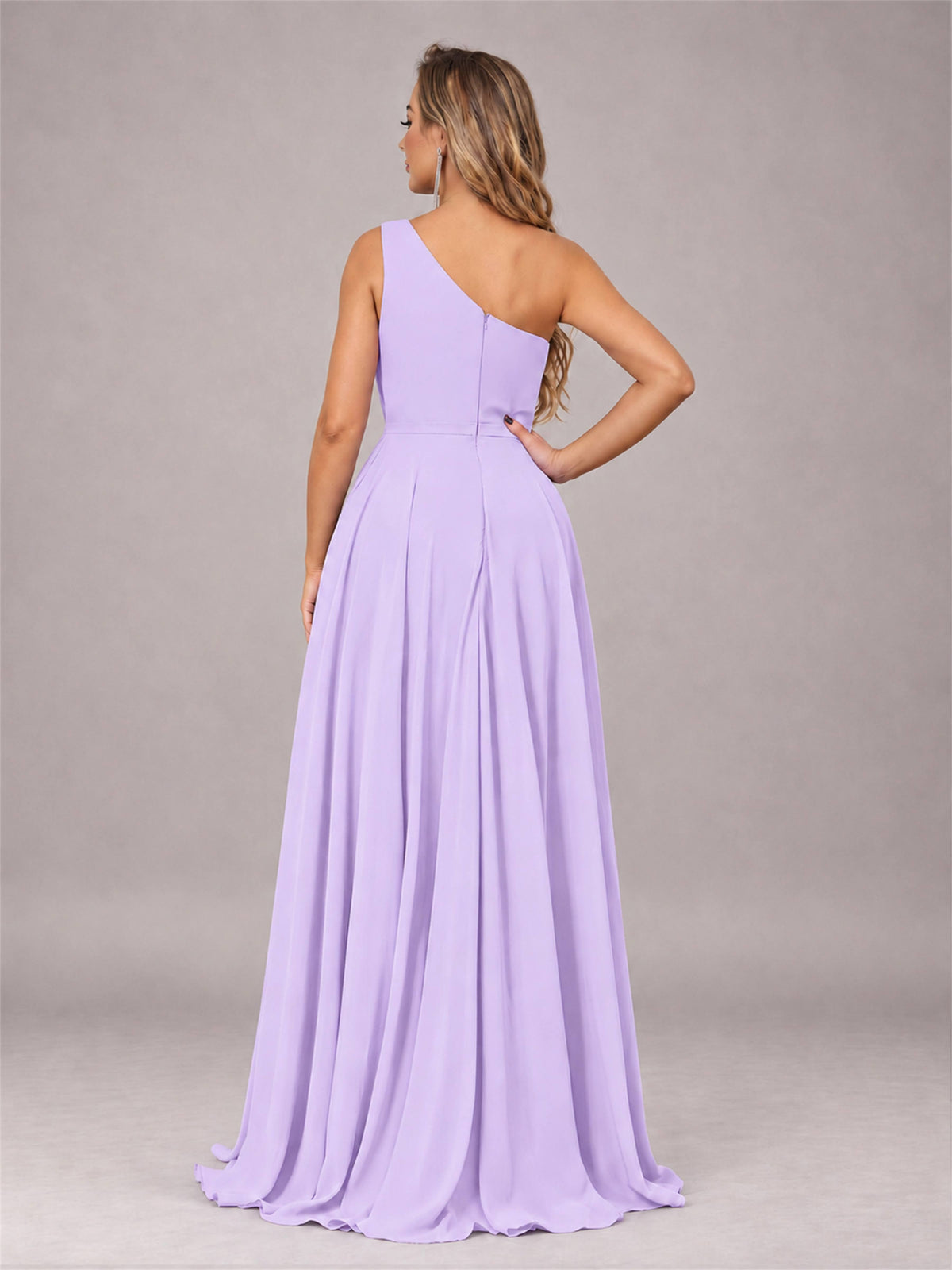 Lilac Modern One Shoulder Slit Chiffon Bridesmaid Dress with Pockets