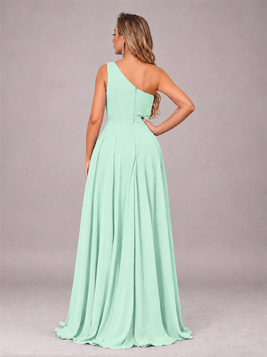 Mint Green Modern One Shoulder Slit Chiffon Bridesmaid Dress with Pockets