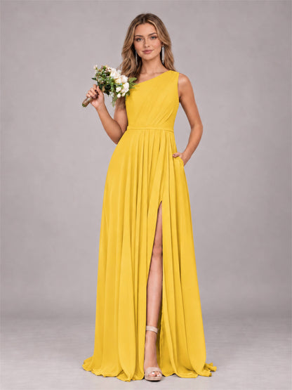 Mustard Yellow Modern One Shoulder Slit Chiffon Bridesmaid Dress with Pockets