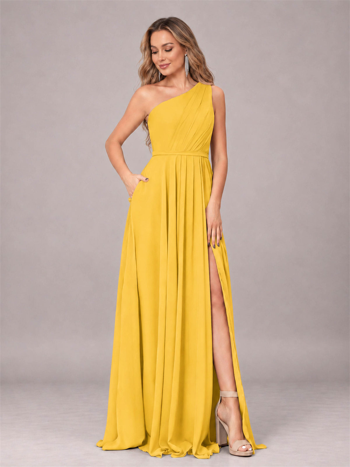 Mustard Yellow Modern One Shoulder Slit Chiffon Bridesmaid Dress with Pockets