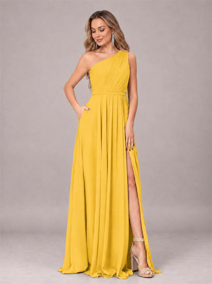 Mustard Yellow Modern One Shoulder Slit Chiffon Bridesmaid Dress with Pockets