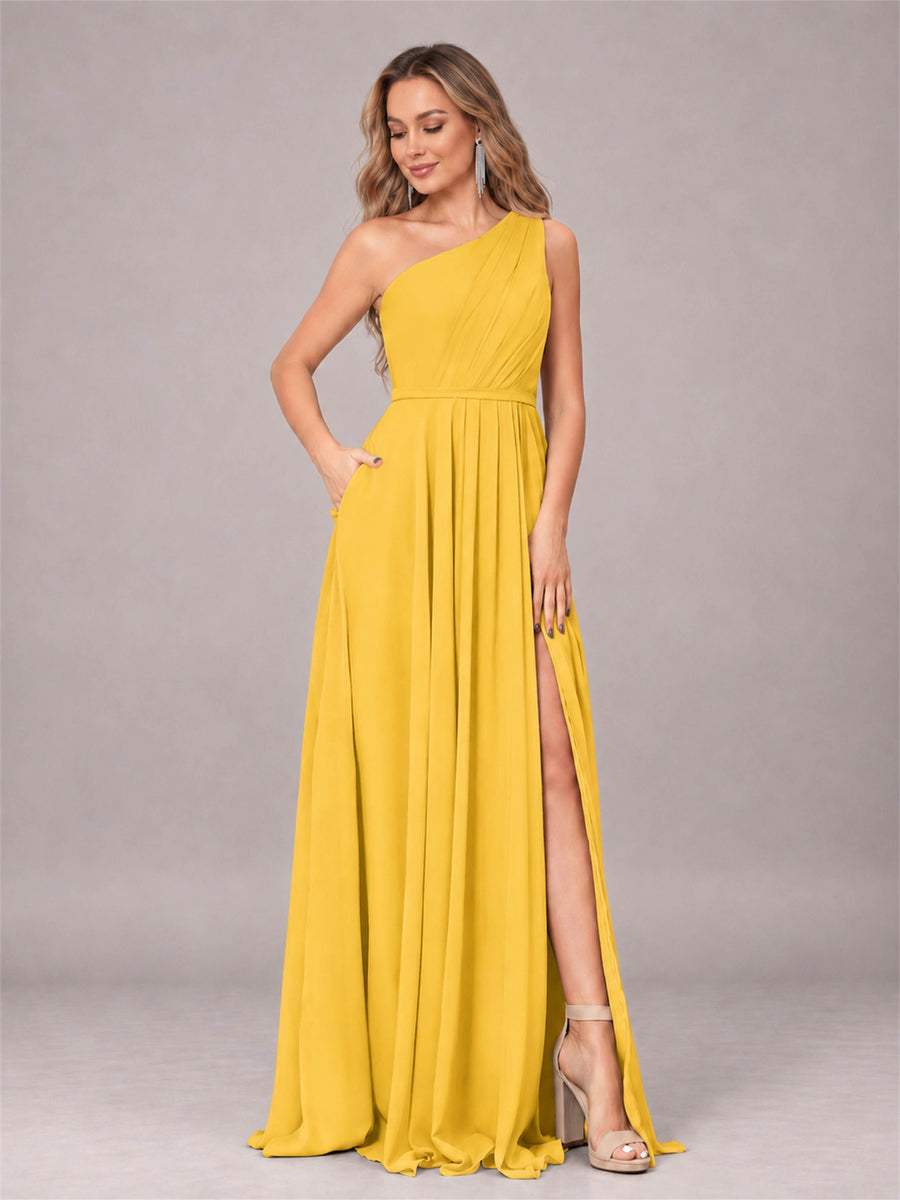 Mustard Yellow Modern One Shoulder Slit Chiffon Bridesmaid Dress with Pockets