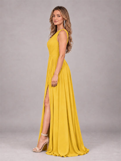 Mustard Yellow Modern One Shoulder Slit Chiffon Bridesmaid Dress with Pockets