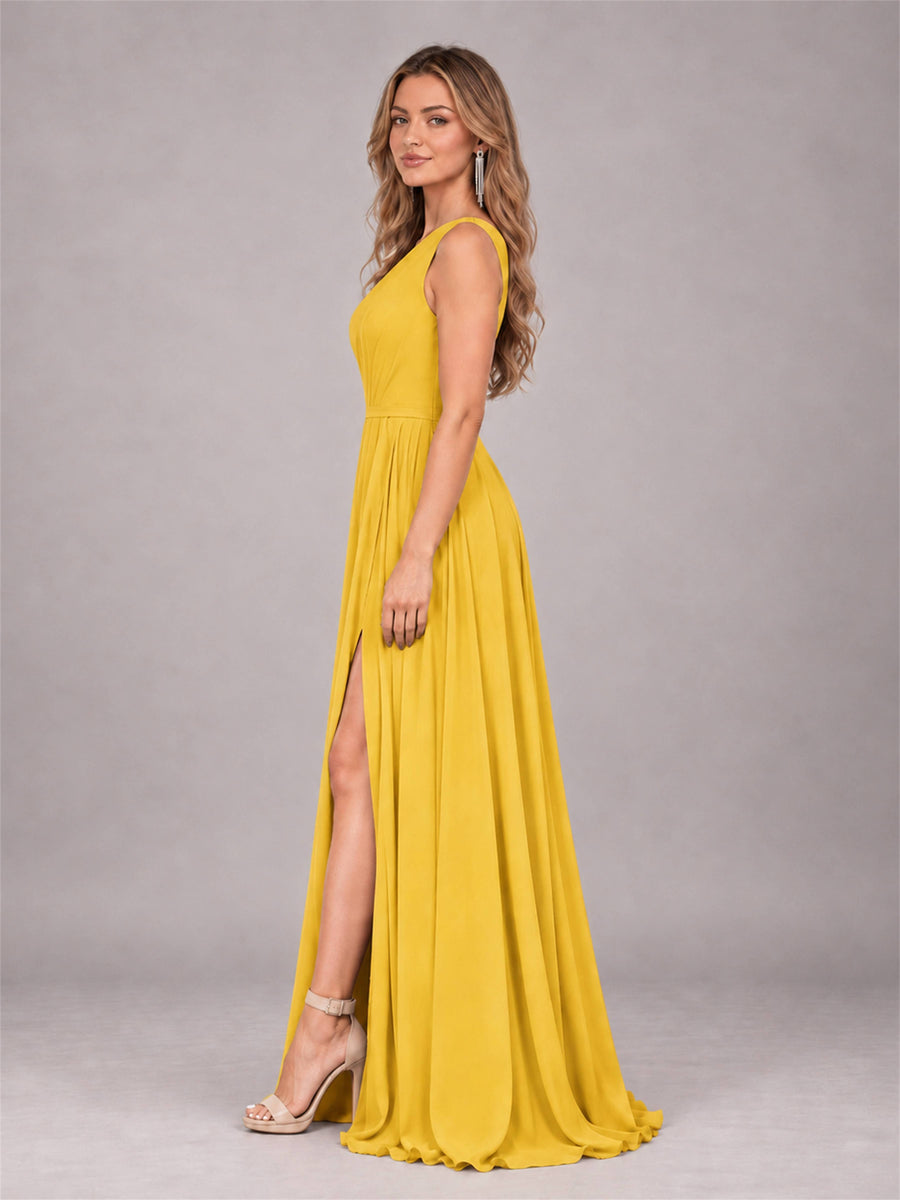 Mustard Yellow Modern One Shoulder Slit Chiffon Bridesmaid Dress with Pockets
