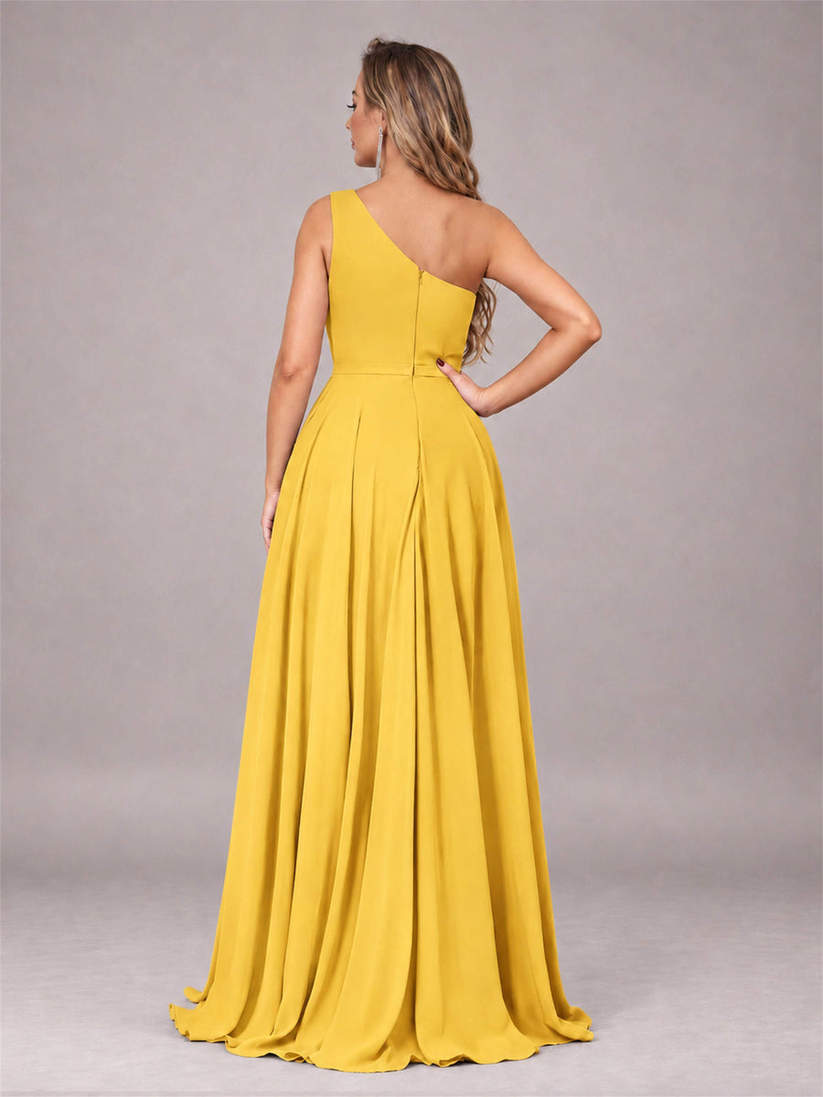 Mustard Yellow Modern One Shoulder Slit Chiffon Bridesmaid Dress with Pockets