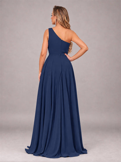 Navy Blue Modern One Shoulder Slit Chiffon Bridesmaid Dress with Pockets