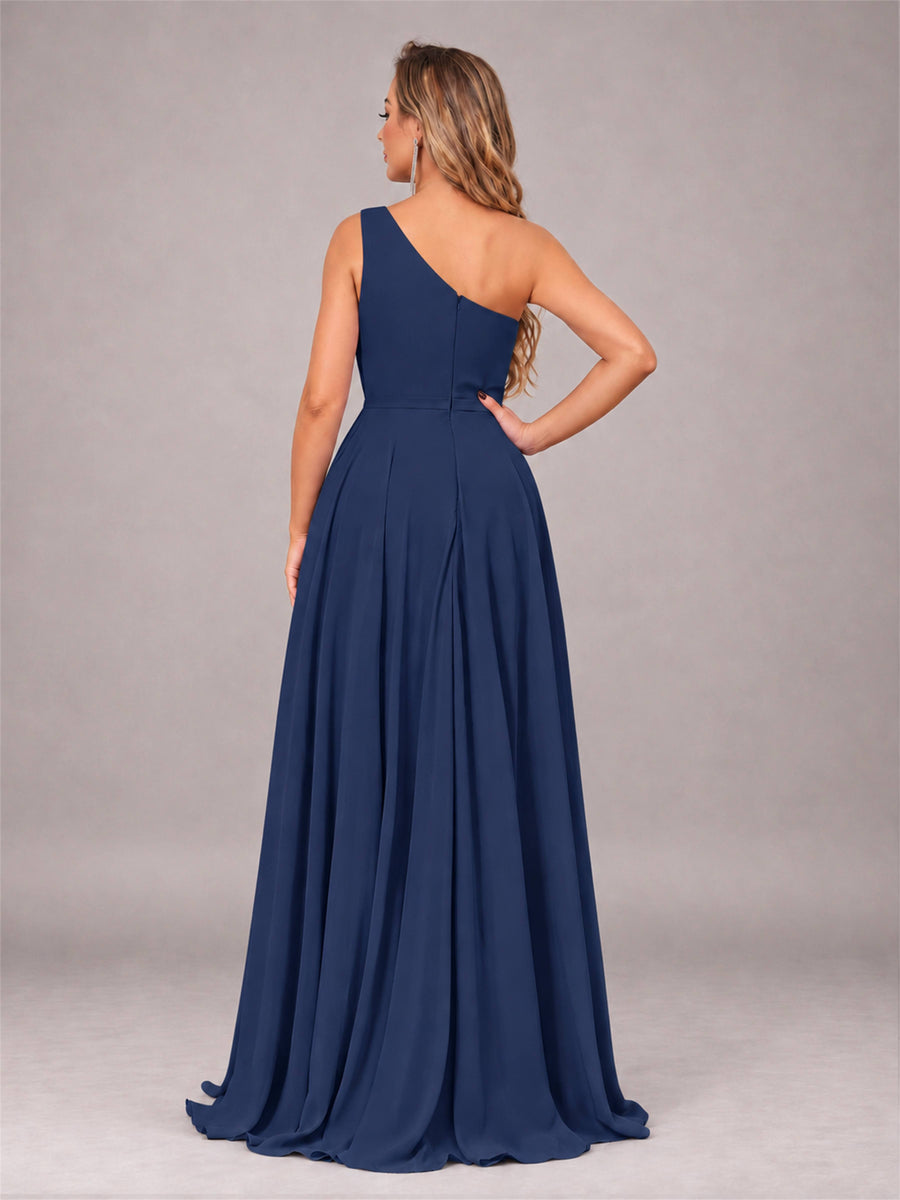 Navy Blue Modern One Shoulder Slit Chiffon Bridesmaid Dress with Pockets