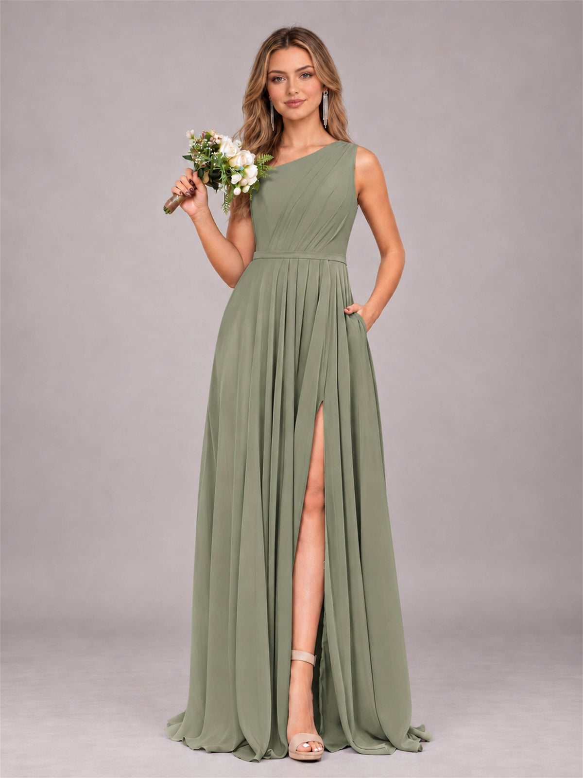 Olive Green Modern One Shoulder Slit Chiffon Bridesmaid Dress with Pockets
