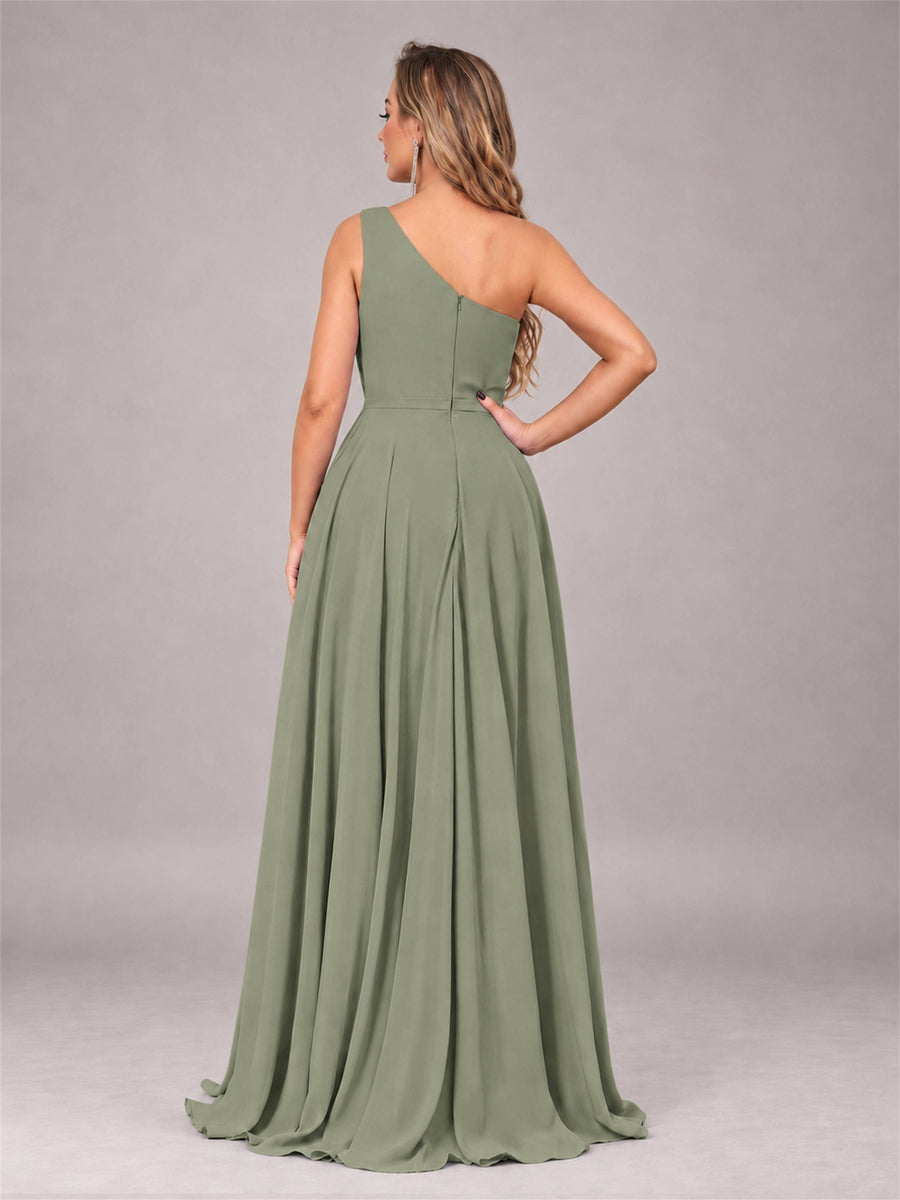 Olive Green Modern One Shoulder Slit Chiffon Bridesmaid Dress with Pockets