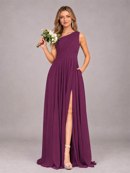 Plum Modern One Shoulder Slit Chiffon Bridesmaid Dress with Pockets