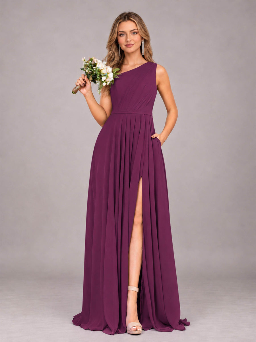 Plum Modern One Shoulder Slit Chiffon Bridesmaid Dress with Pockets
