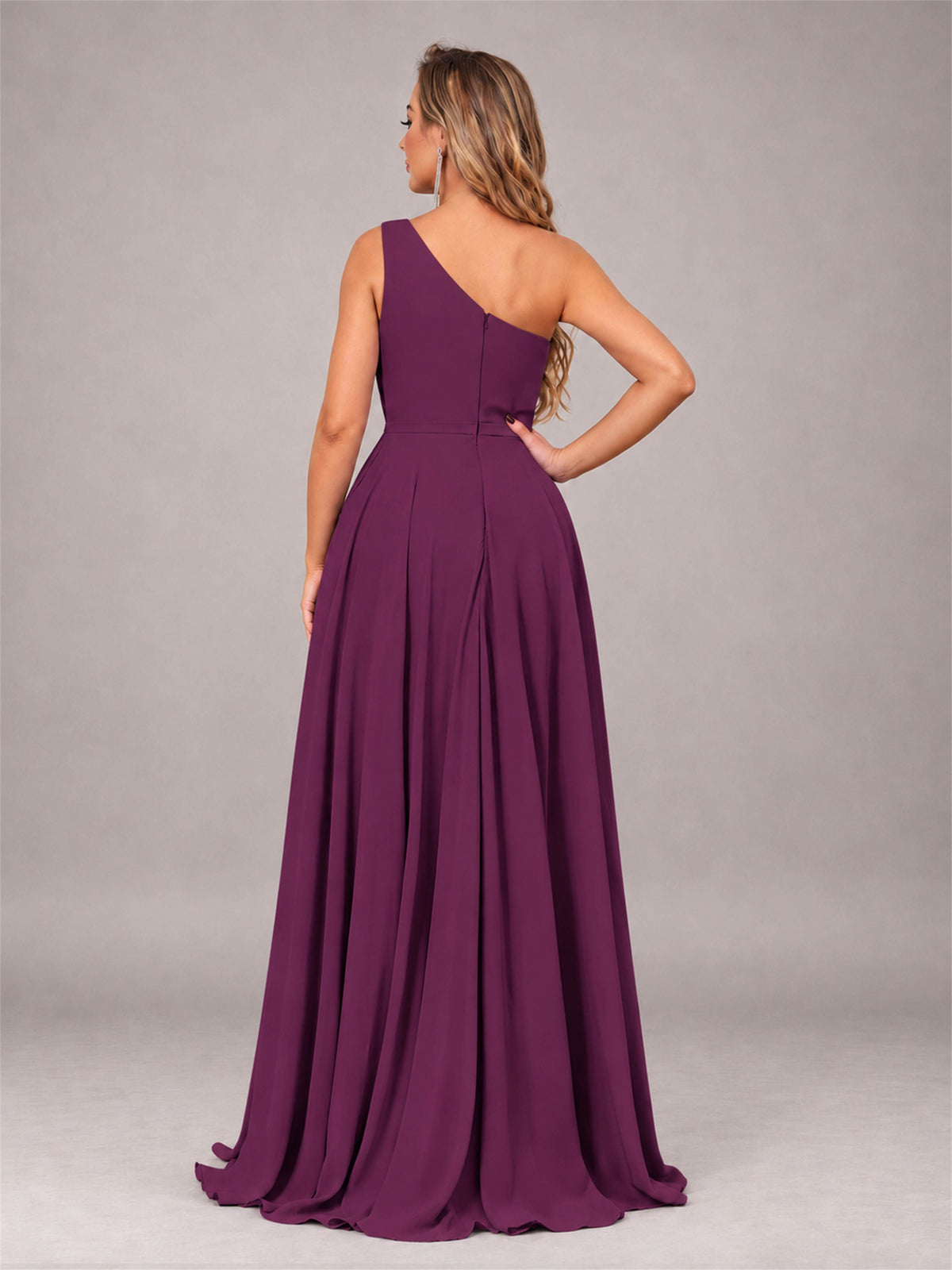 Plum Modern One Shoulder Slit Chiffon Bridesmaid Dress with Pockets