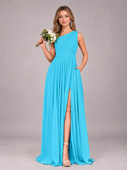 Pool Modern One Shoulder Slit Chiffon Bridesmaid Dress with Pockets