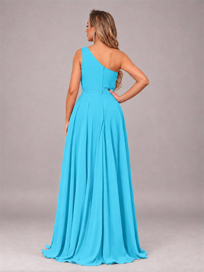 Pool Modern One Shoulder Slit Chiffon Bridesmaid Dress with Pockets