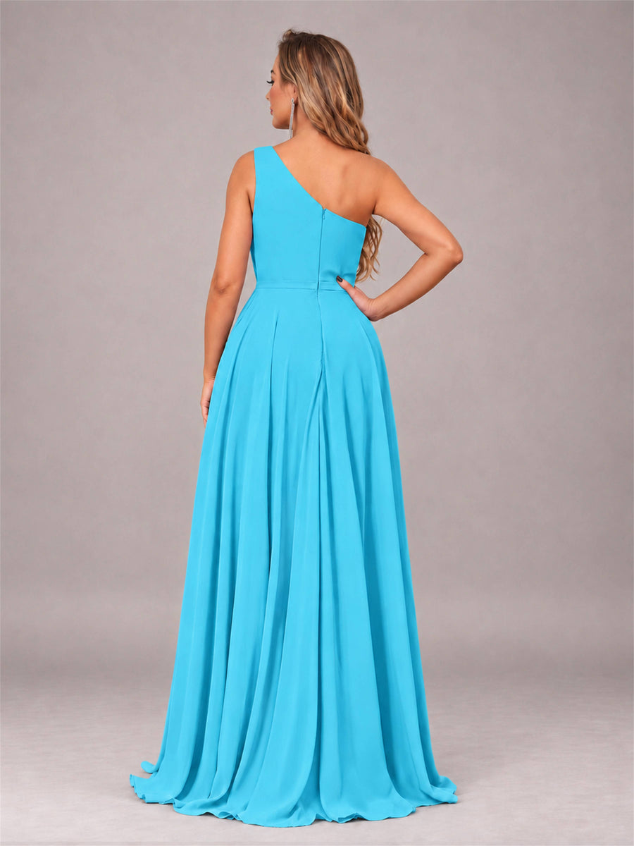 Pool Modern One Shoulder Slit Chiffon Bridesmaid Dress with Pockets