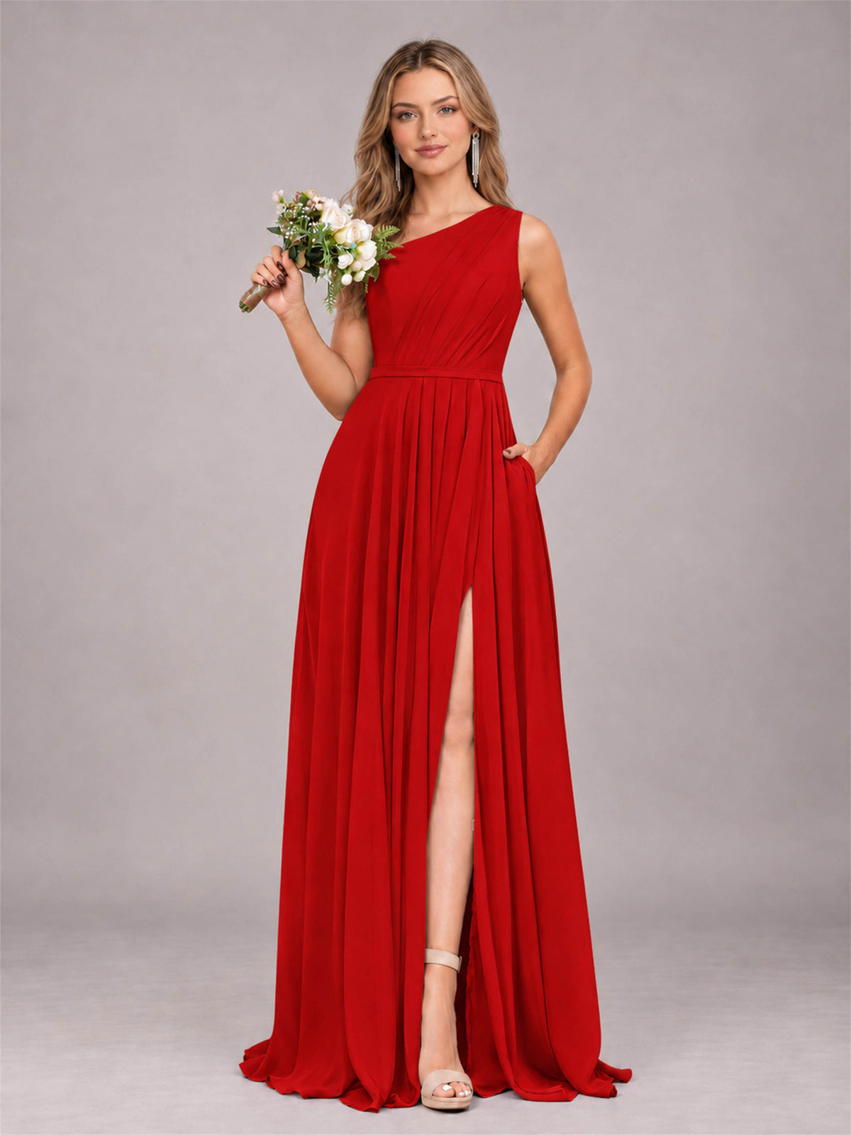Red Modern One Shoulder Slit Chiffon Bridesmaid Dress with Pockets