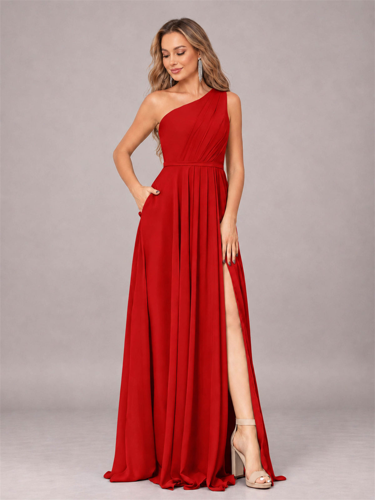 Red Modern One Shoulder Slit Chiffon Bridesmaid Dress with Pockets