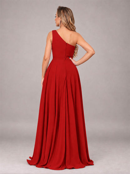 Red Modern One Shoulder Slit Chiffon Bridesmaid Dress with Pockets